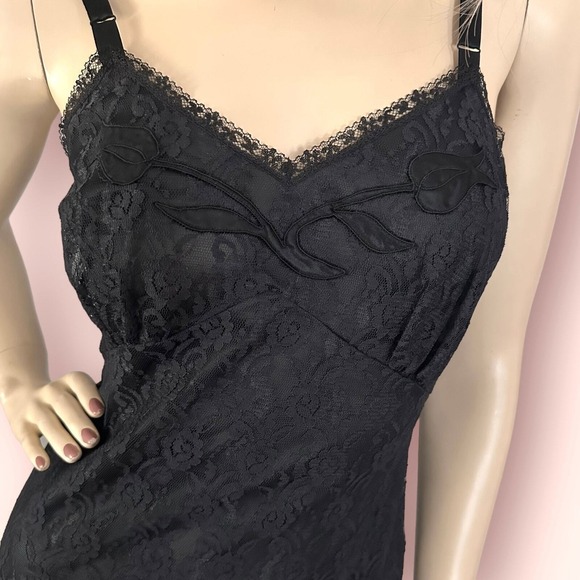 60s Vintage Black Lace Slip Dress XS Deadstock Lingerie Whimsigoth Coquette Goth - Picture 10 of 10